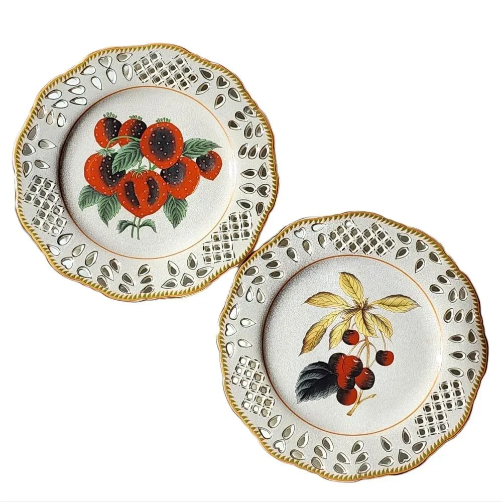 Set of Two Vintage Reticulated Porcelain Plates With Botanical Fruit Design 10.5